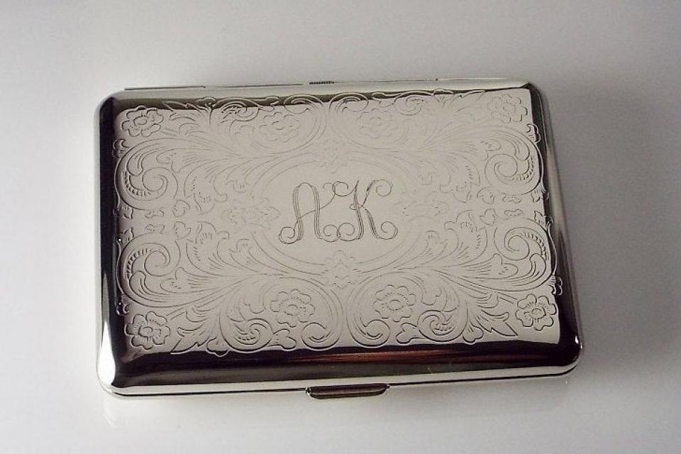 Custom Engraved Personalized Kings Cigarette Case or Business Card Case Double Sided Scroll Design -Hand Engraved