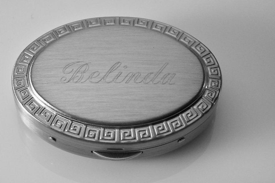 Custom Engraved Pill Box Personalized Silver Oval with Greek Key Design Mirror and Removable Divider  -Hand Engraved