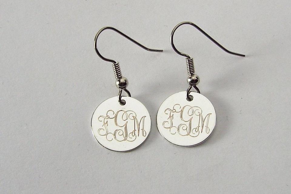 Custom Engraved Personalized Silver Plated Round Monogram Earrings - Hand Engraved