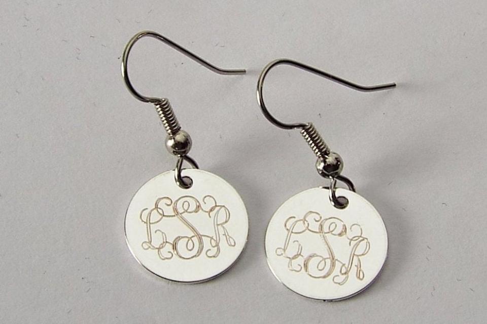 Custom Engraved Personalized Silver Plated Round Monogram Earrings - Hand Engraved