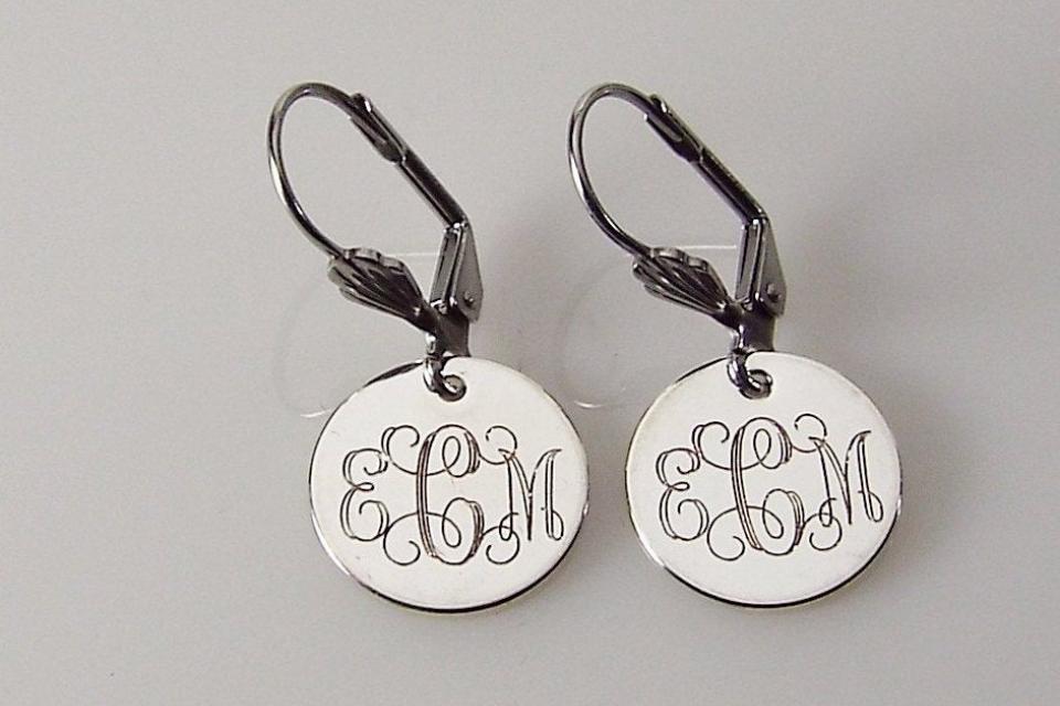 Monogram Earrings Custom Engraved Silver Plated Round Lever Back Personalized Jewelry - Hand Engraved