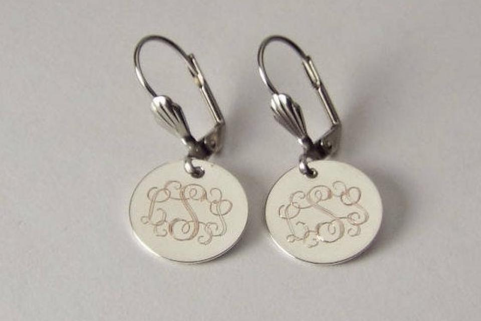 Monogram Earrings Custom Engraved Silver Plated Round Lever Back Personalized Jewelry - Hand Engraved