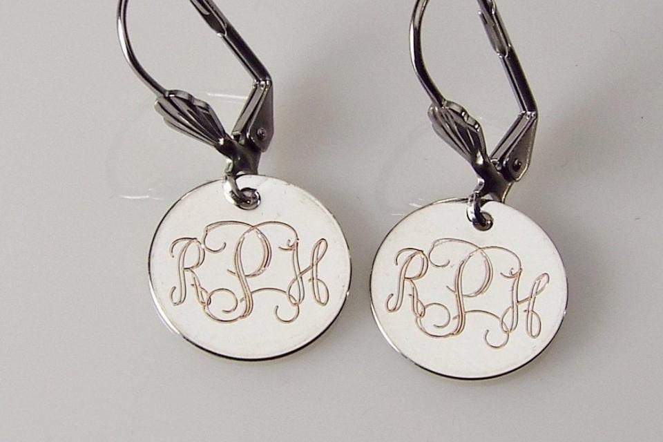 Monogram Earrings Custom Engraved Silver Plated Round Lever Back Personalized Jewelry - Hand Engraved