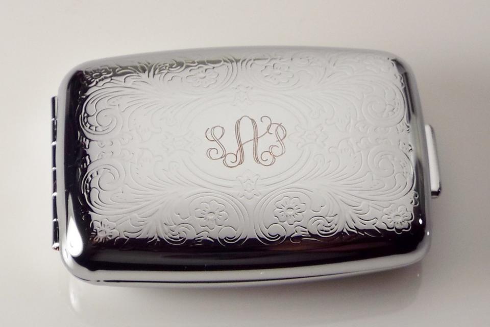 Custom Engraved Pill Box Personalized Scroll Design Silver Two Roomy Compartments -Hand Engraved