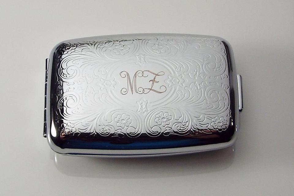 Custom Engraved Pill Box Personalized Scroll Design Silver Two Roomy Compartments -Hand Engraved