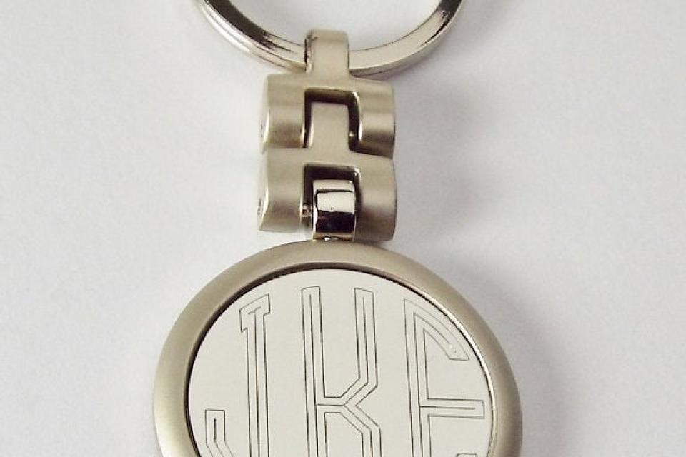 Personalized Custom Engraved Round Key Chain Silver Matte and High Polish - Hand Engraved