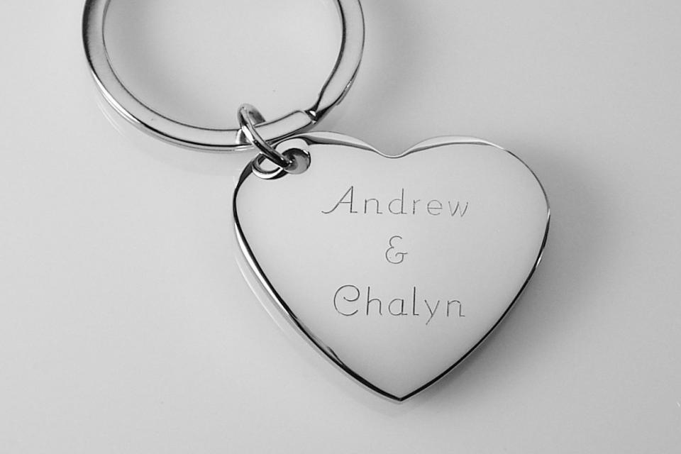 Custom Engraved Personalized High Polish Silver Heart Keychain  - Hand Engraved