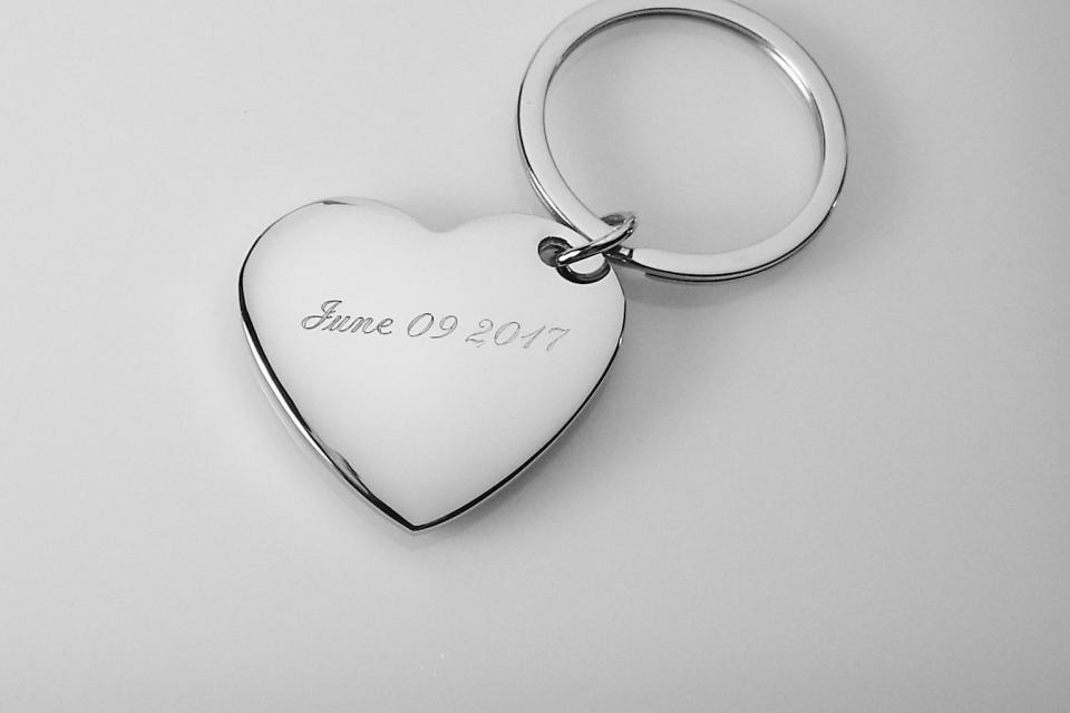 Custom Engraved Personalized High Polish Silver Heart Keychain  - Hand Engraved