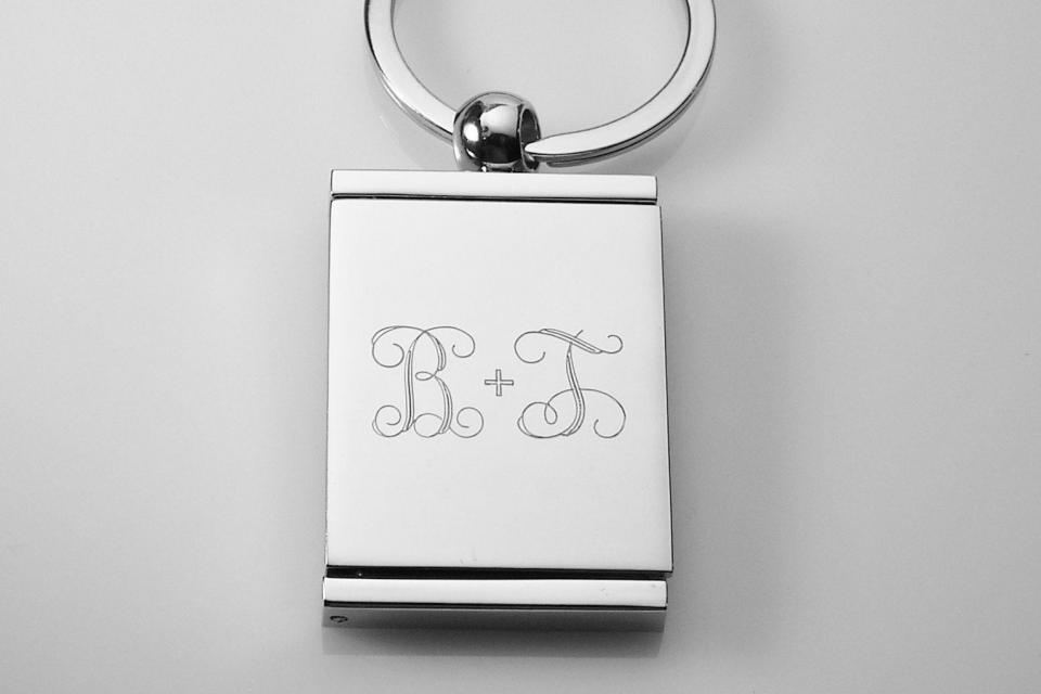 Engraved Photo Locket Keychain Personalized Custom Silver High Polish Flat Rectangular - Hand Engraved