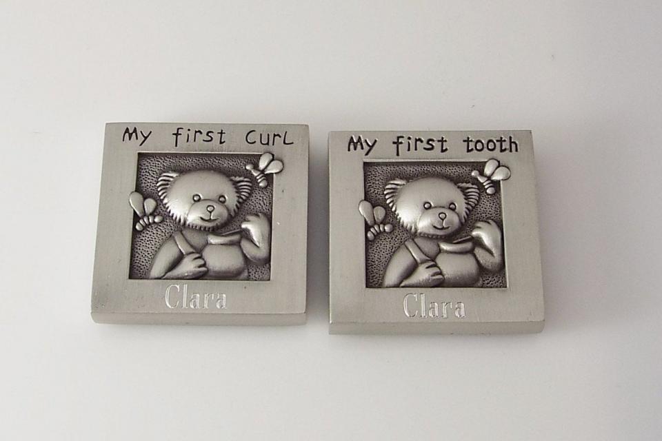 Baby Gift Custom Engraved Personalized Pewter Finish First Tooth and First Curl Keepsake Boxes  -  Hand Engraved