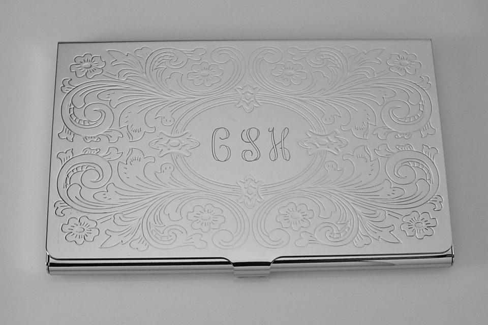 Business Card Case Custom Engraved Personalized Scroll Design Business Card Case -Hand Engraved