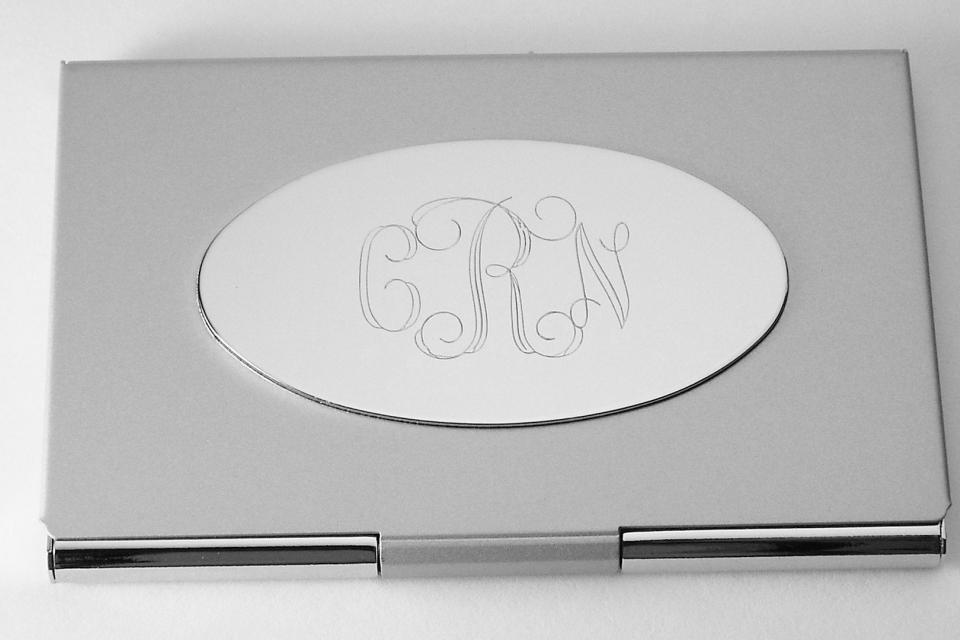 Custom Engraved Personalized Business Card Holder with Oval Engraving Plate  -Hand Engraved