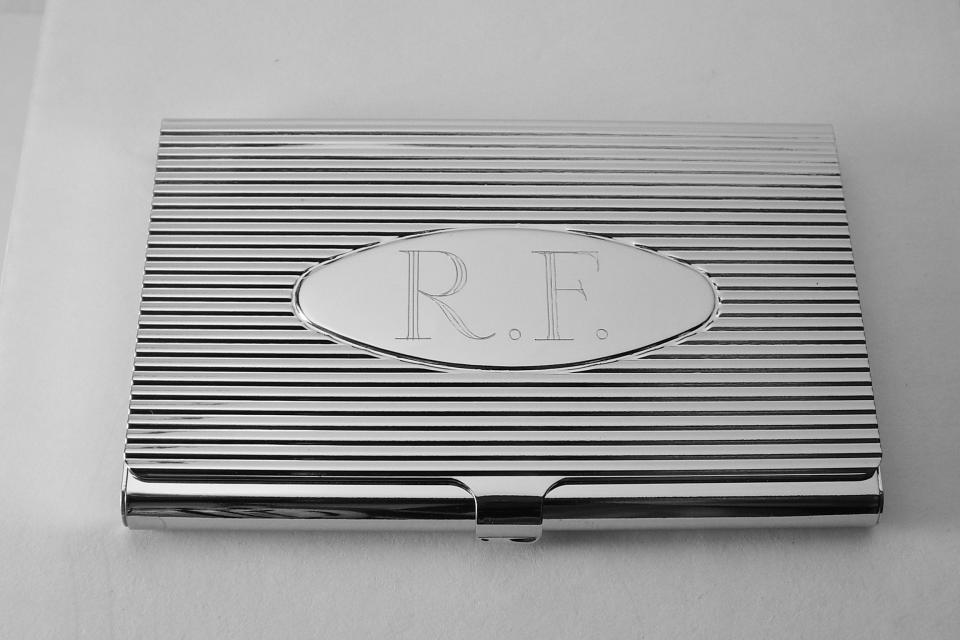 Custom Engraved Business Card Case Silver Ribbed Design with Personalized Oval Center  -Hand Engraved