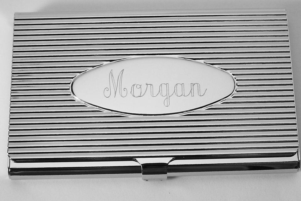 Custom Engraved Business Card Case Silver Ribbed Design with Personalized Oval Center -Hand Engraved
