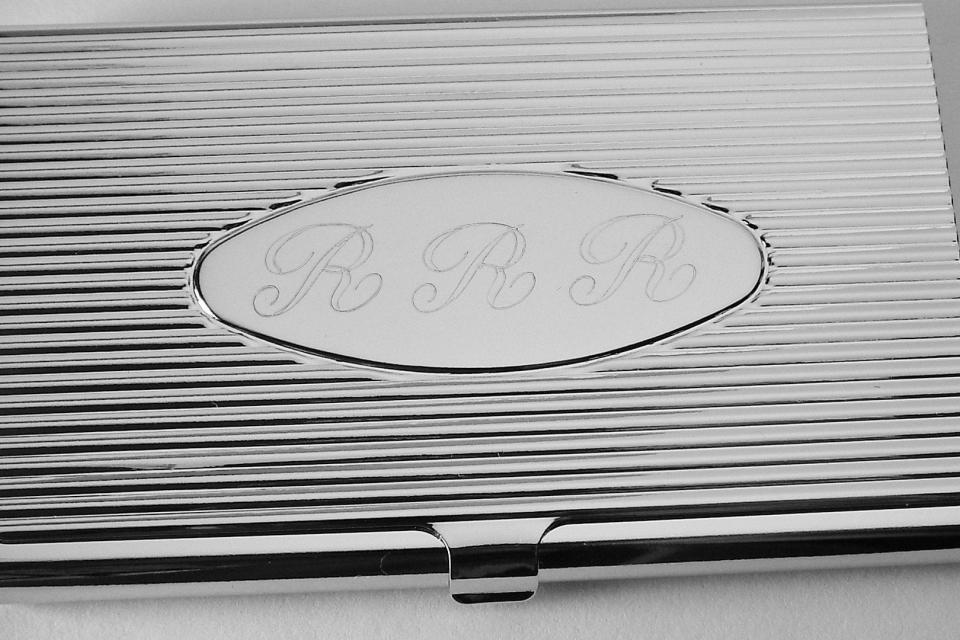 Custom Engraved Business Card Case Silver Ribbed Design with Personalized Oval Center -Hand Engraved
