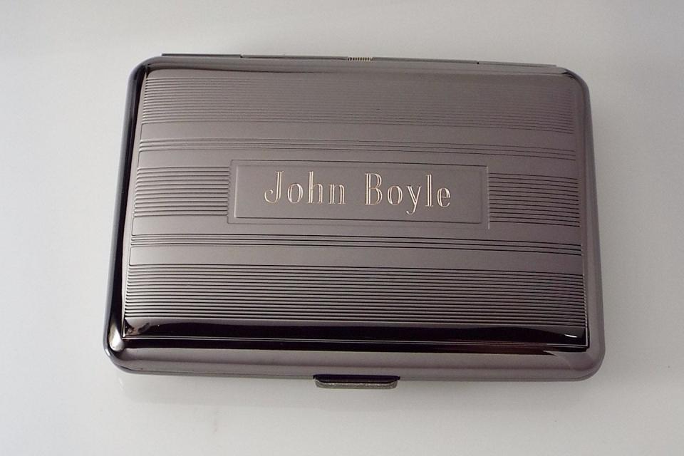 Engraved Gloss Black Business Card Case Personalized Double Sided Linear Design or Kings Cigarette Case -Hand Engraved