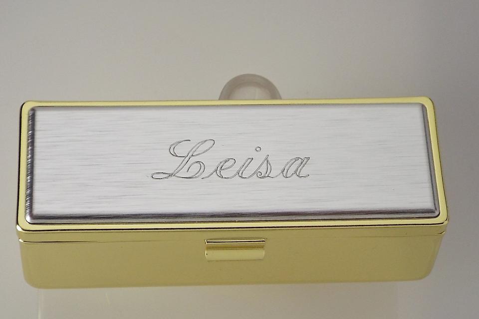 Lipstick Case Personalized Custom Engraved Single Lipstick Case with Mirror Gold with Silver Top - Hand Engraved