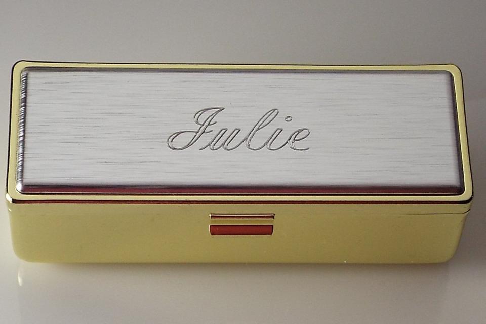 Lipstick Case Personalized Custom Engraved Single Lipstick Case with Mirror Gold with Silver Top - Hand Engraved
