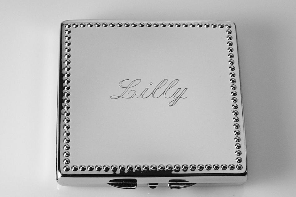 Engraved Compact Mirror Square Personalized Non Tarnish Nickel Plated with Bead Trim Purse Mirror - Hand Engraved