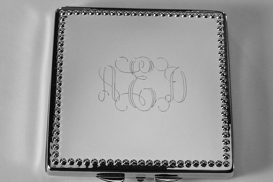 Engraved Compact Mirror Square Personalized Non Tarnish Nickel Plated with Bead Trim Purse Mirror - Hand Engraved
