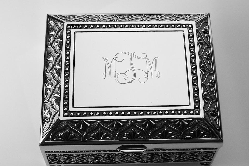 Custom Engraved Jewelry Box Personalized Silver Nickel Plated Floral Motif Footed Trinket Box - Hand Engraved