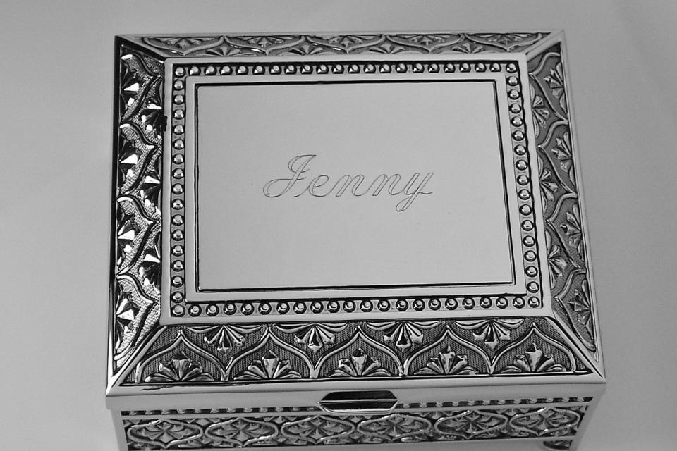 Custom Engraved Jewelry Box Personalized Silver Nickel Plated Floral Motif Footed Trinket Box - Hand Engraved