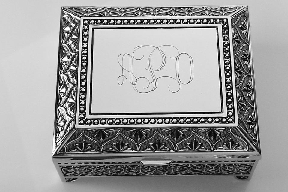 Custom Engraved Personalized Jewelry Box Small Silver Non Tarnish Nickel Plated Floral Motif Footed Trinket Box - Hand Engraved