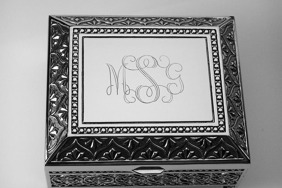 Custom Engraved Personalized Jewelry Box Small Silver Non Tarnish Nickel Plated Floral Motif Footed Trinket Box - Hand Engraved