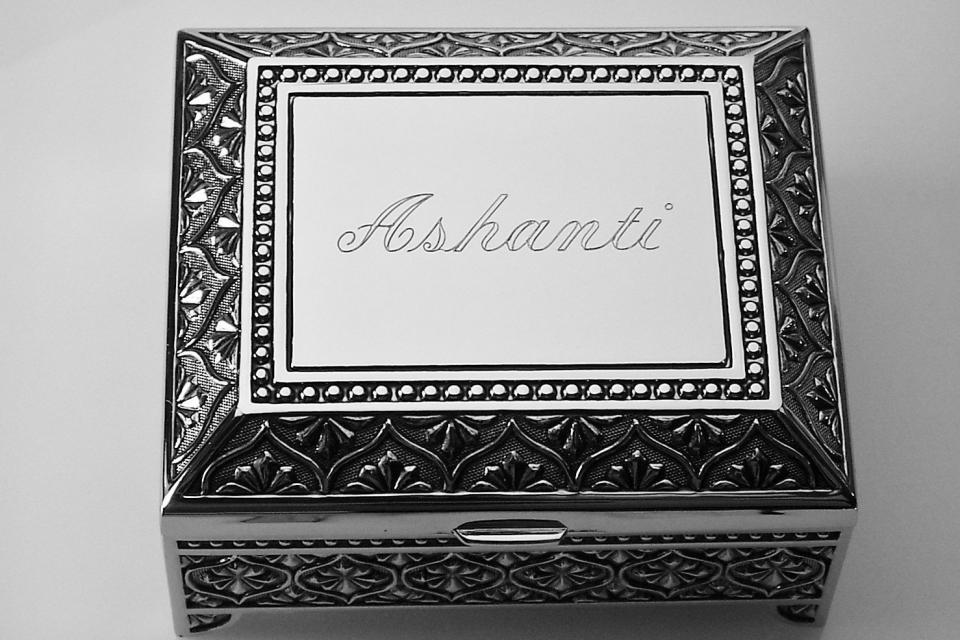 Custom Engraved Personalized Jewelry Box Small Silver Non Tarnish Nickel Plated Floral Motif Footed Trinket Box - Hand Engraved