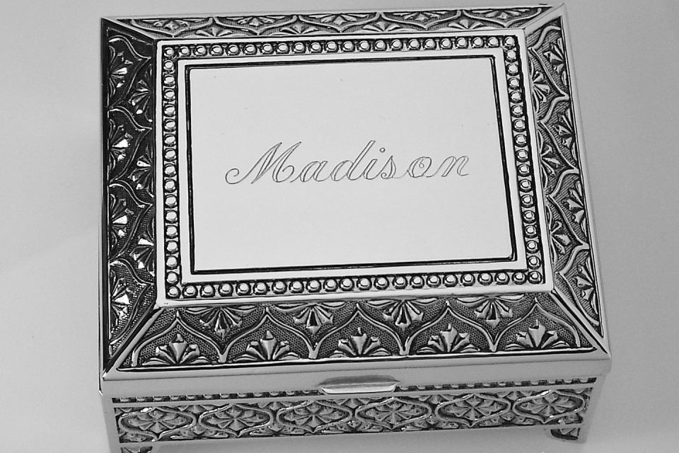 Custom Engraved Personalized Jewelry Box Small Silver Non Tarnish Nickel Plated Floral Motif Footed Trinket Box - Hand Engraved