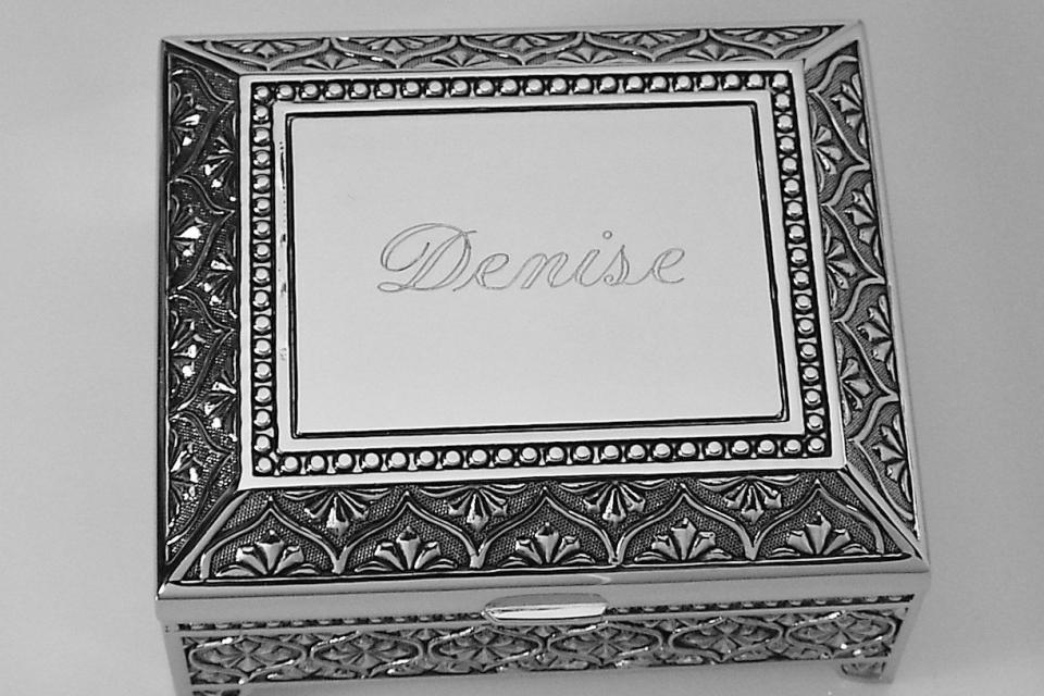 Custom Engraved Personalized Jewelry Box Small Silver Non Tarnish Nickel Plated Floral Motif Footed Trinket Box - Hand Engraved