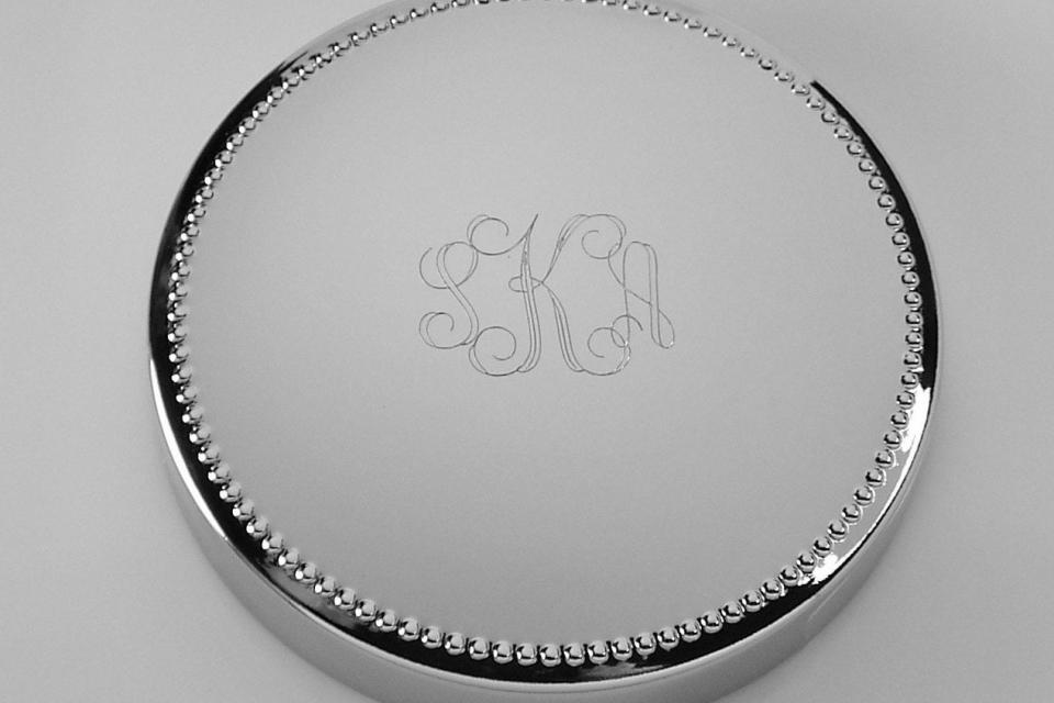 Custom Engraved Personalized Silver Round Jewelry Box with Beaded Trim - Hand Engraved