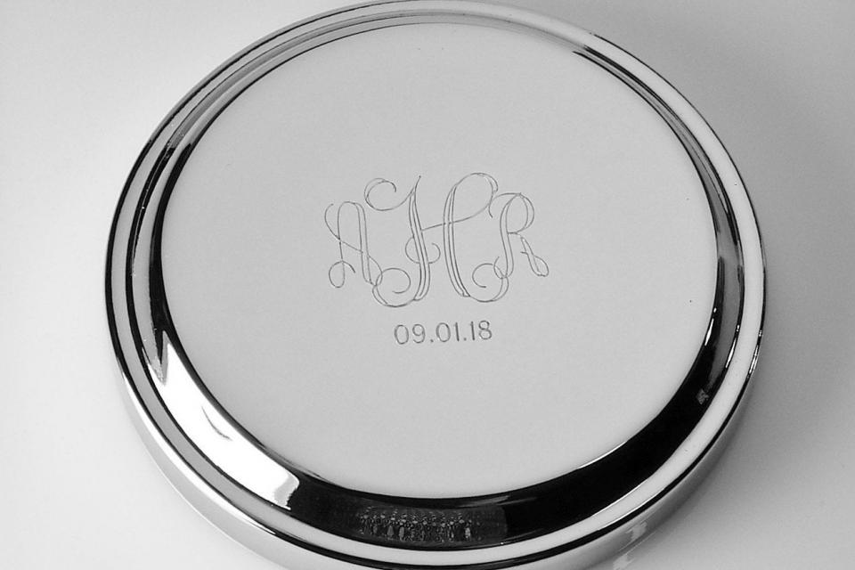 Custom Engraved Jewelry Box High Polish Round Silver Trinket Box - Hand Engraved