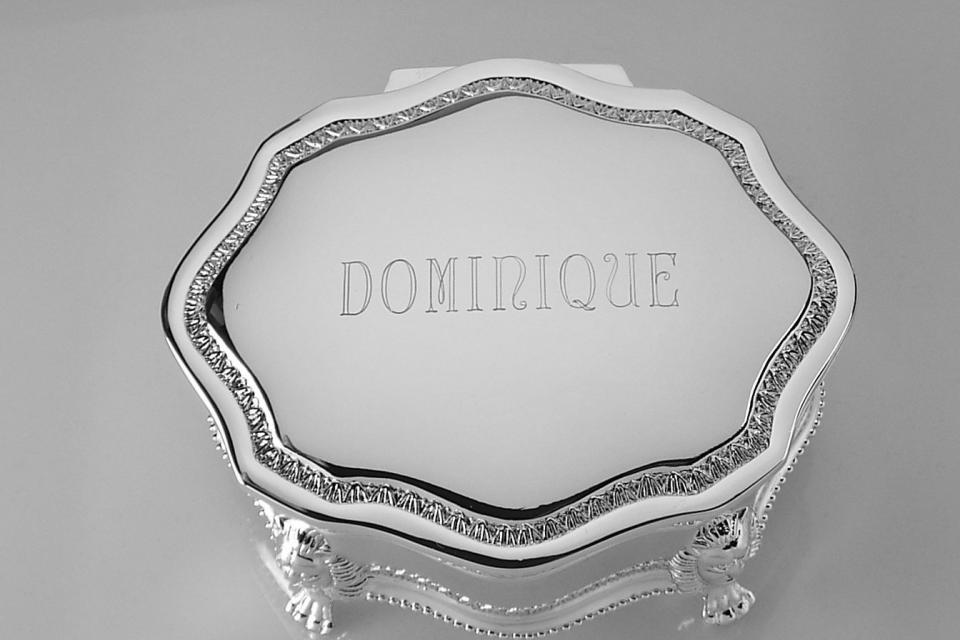 Custom Engraved Personalized Jewelry Box Silver Plated Victorian Design Footed Trinket Box - Hand Engraved