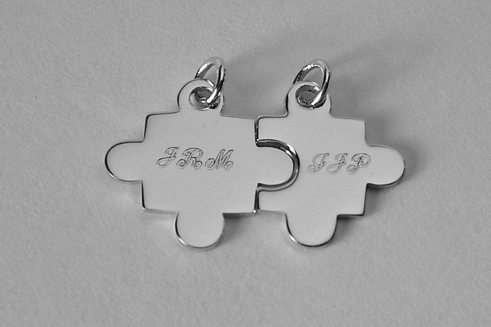 Sterling Silver Puzzle Pieces Set of Two Personalized Custom Engraved Petite Charms- Hand Engraved