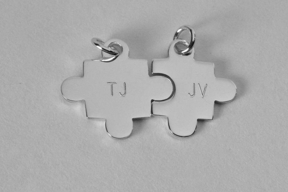 Sterling Silver Puzzle Pieces Set of Two Personalized Custom Engraved Petite Charms- Hand Engraved