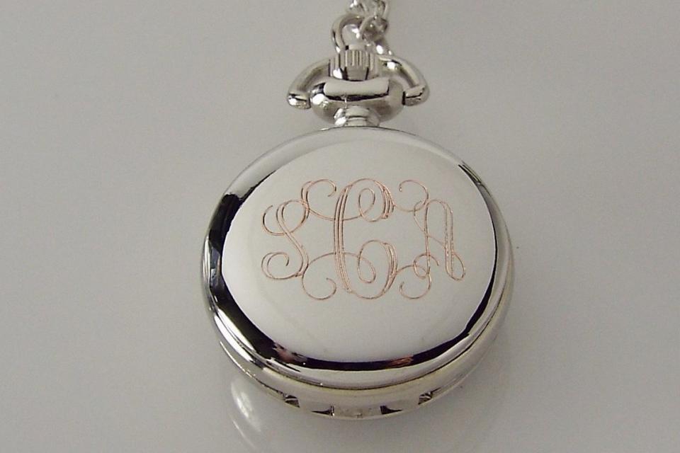 Personalized Pendant Watch Custom Engraved Necklace Watch Blue Enamel and Crystals - Hand Engraved