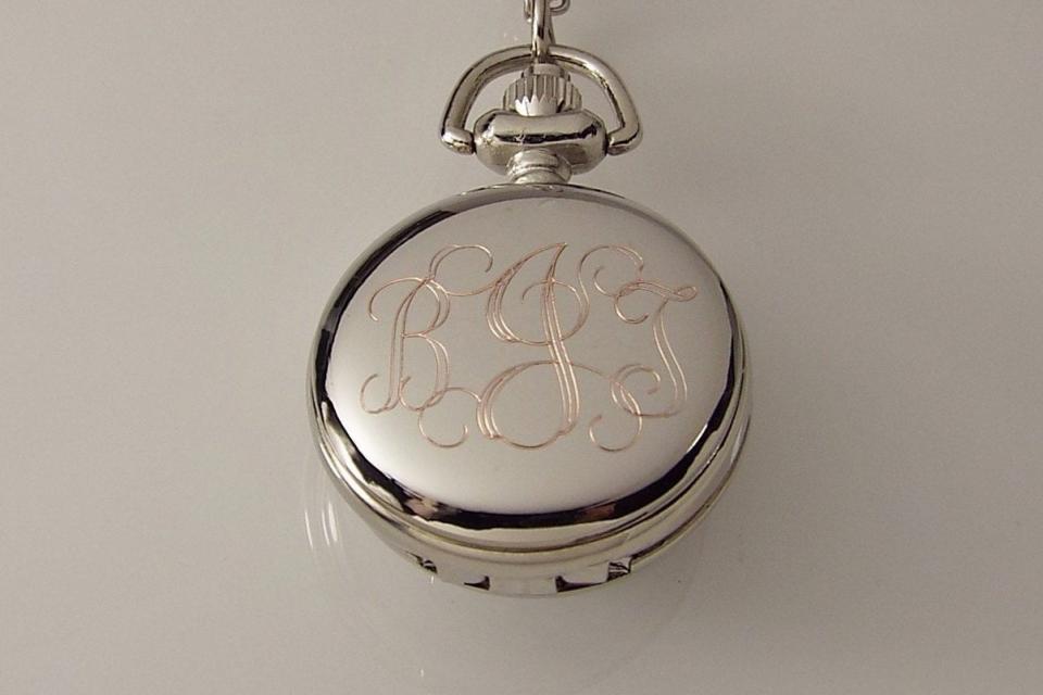 Personalized Pendant Watch Custom Engraved Necklace Watch Black Enamel and Crystals - Hand Engraved