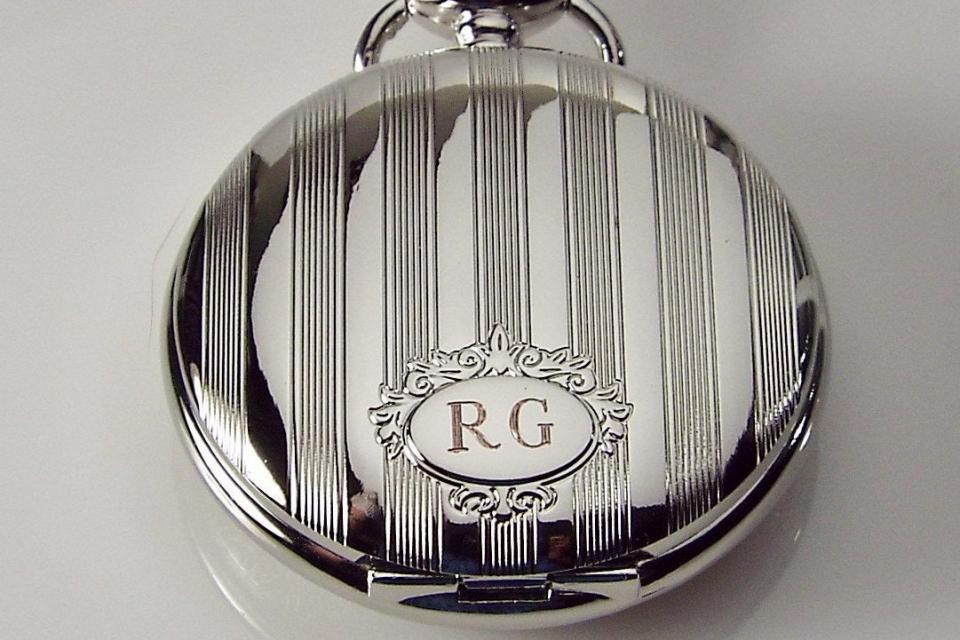 Pocket Watch Custom Engraved Personalized Quartz Watch with Vertical Stripes and Oval Crest - Hand Engraved