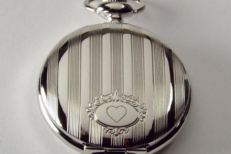 Pocket Watch Custom Engraved Personalized Quartz Watch with Vertical Stripes and Oval Crest - Hand Engraved