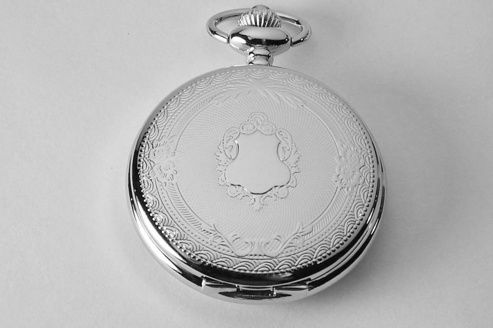 Engraved Pocket Watch Silver Crest Cover Personalized Quartz Battery Operated  - Hand Engraved