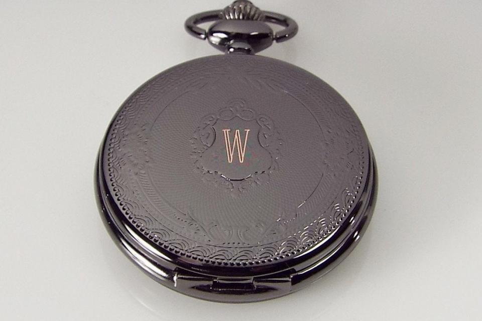 Pocket Watch Custom Engraved Black Mechanical Wind Up Pocket Watch with Front Shield and Skeleton Back - Hand Engraved