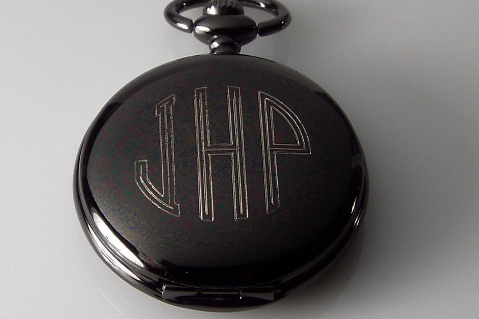 Pocket Watch Custom Engraved Personalized Gloss Black Mechanical Wind Up Watch with Skeleton Dial - Hand Engraved