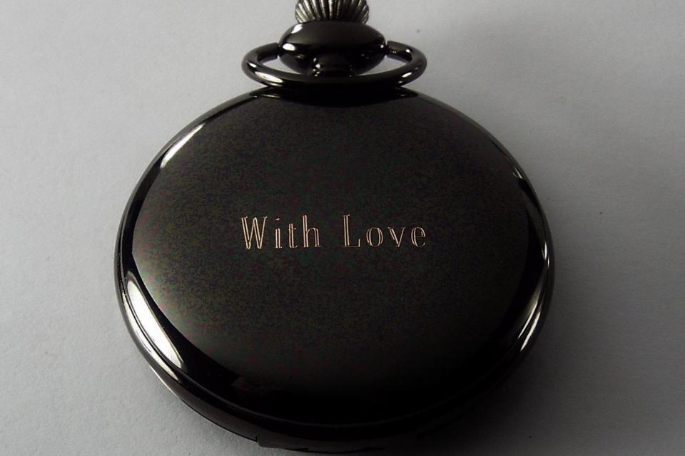 Personalized Pocket Watch Custom Engraved Gloss Black Quartz Pocket Watch with White Dial - Hand Engraved