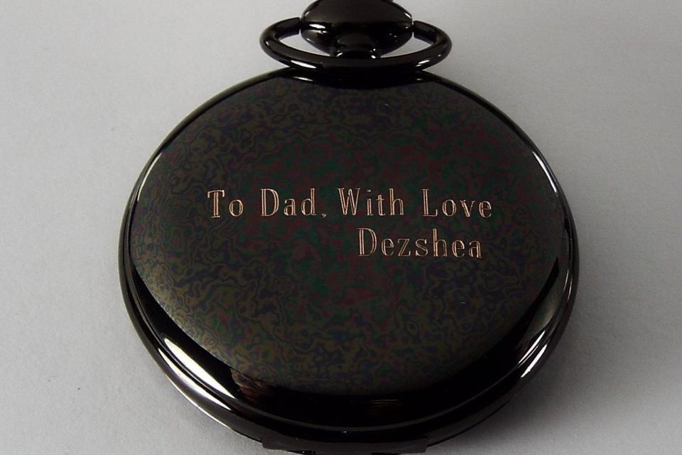 Personalized Pocket Watch Custom Engraved Gloss Black Quartz Pocket Watch with White Dial - Hand Engraved