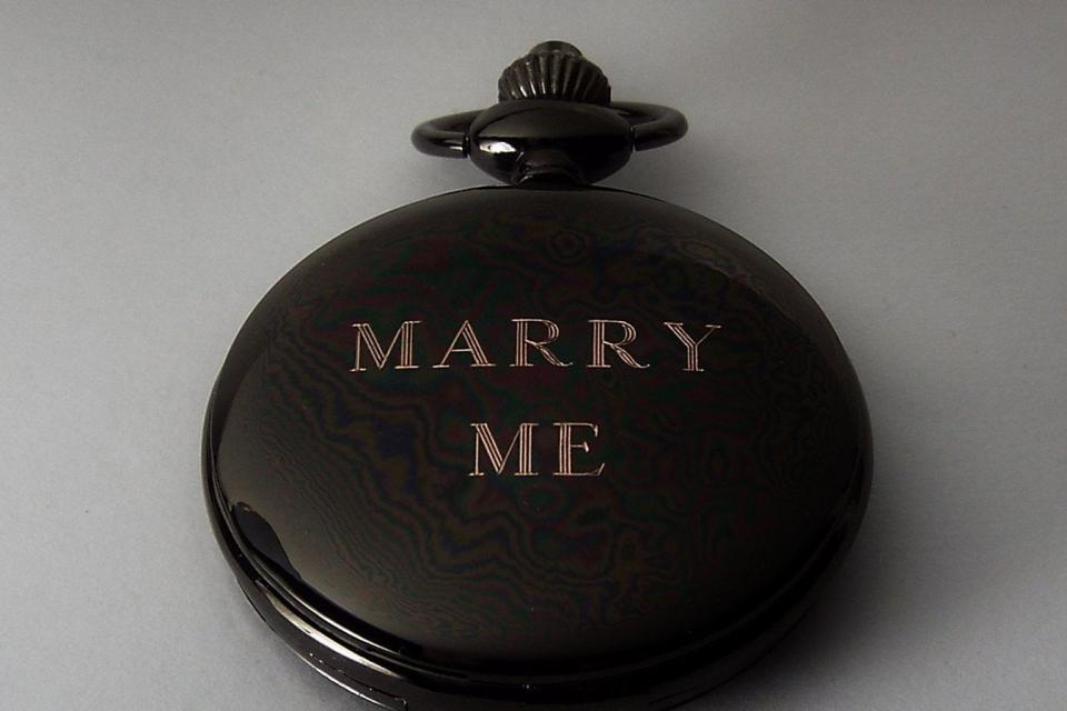 Personalized Pocket Watch Custom Engraved Gloss Black Quartz Pocket Watch with White Dial - Hand Engraved