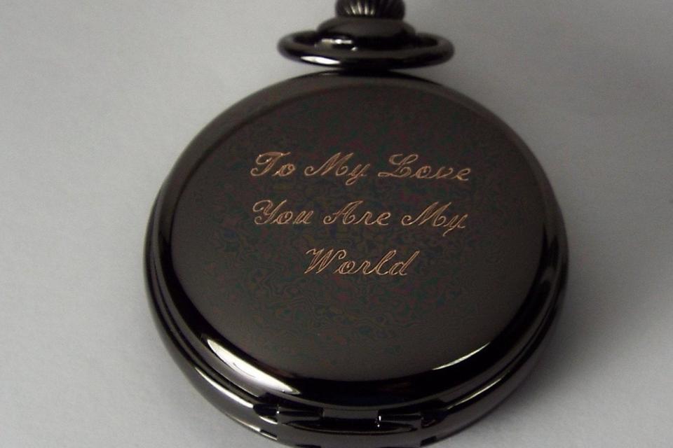 Personalized Pocket Watch Custom Engraved Gloss Black Quartz Pocket Watch with White Dial - Hand Engraved