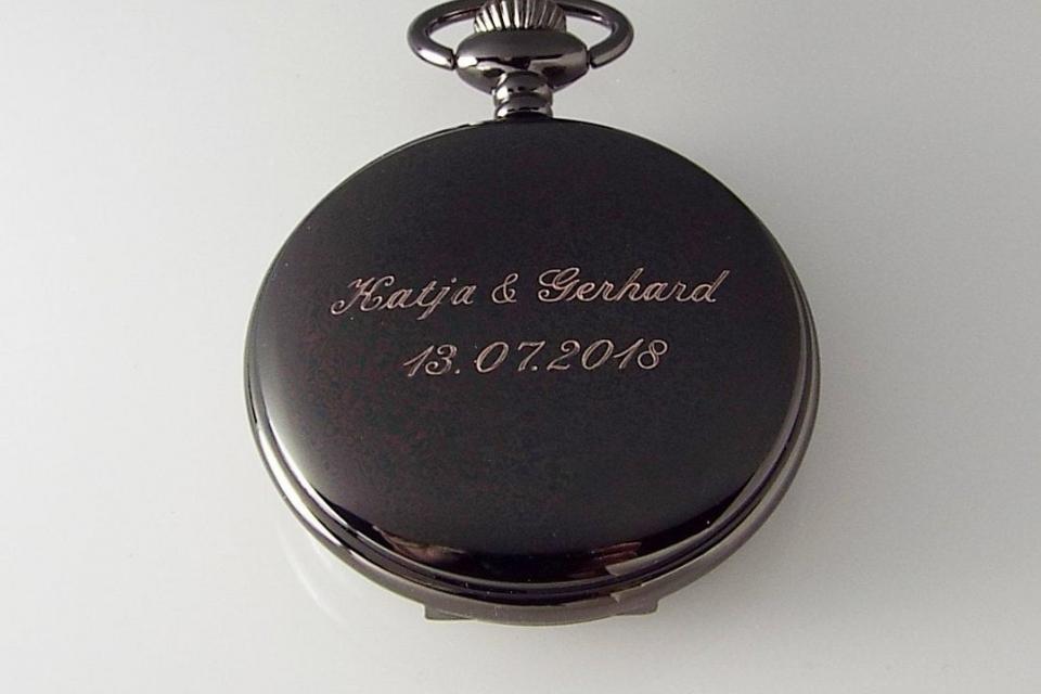 Pocket Watch Custom Engraved Personalized Gloss Black Mechanical Wind Up Watch with Blue Numbers and Skeleton Dial - Hand Engraved