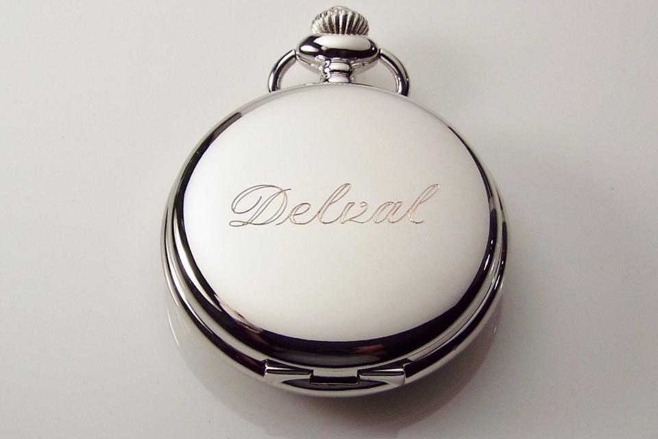 Custom Engraved Personalized Silvertone Quartz Pocket Watch Battery Operated White Dial Roman Numerals - Hand Engraved