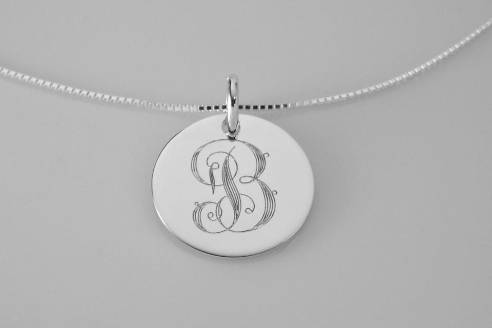 Monogram Necklace Custom Engraved Sterling Silver 1 Inch Round Personalized  - Hand Engraved